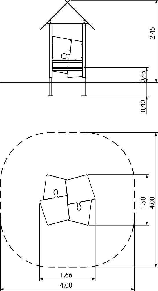 Technische Zeichnung eines Spielhauses mit Maßen und Grundrissansicht.