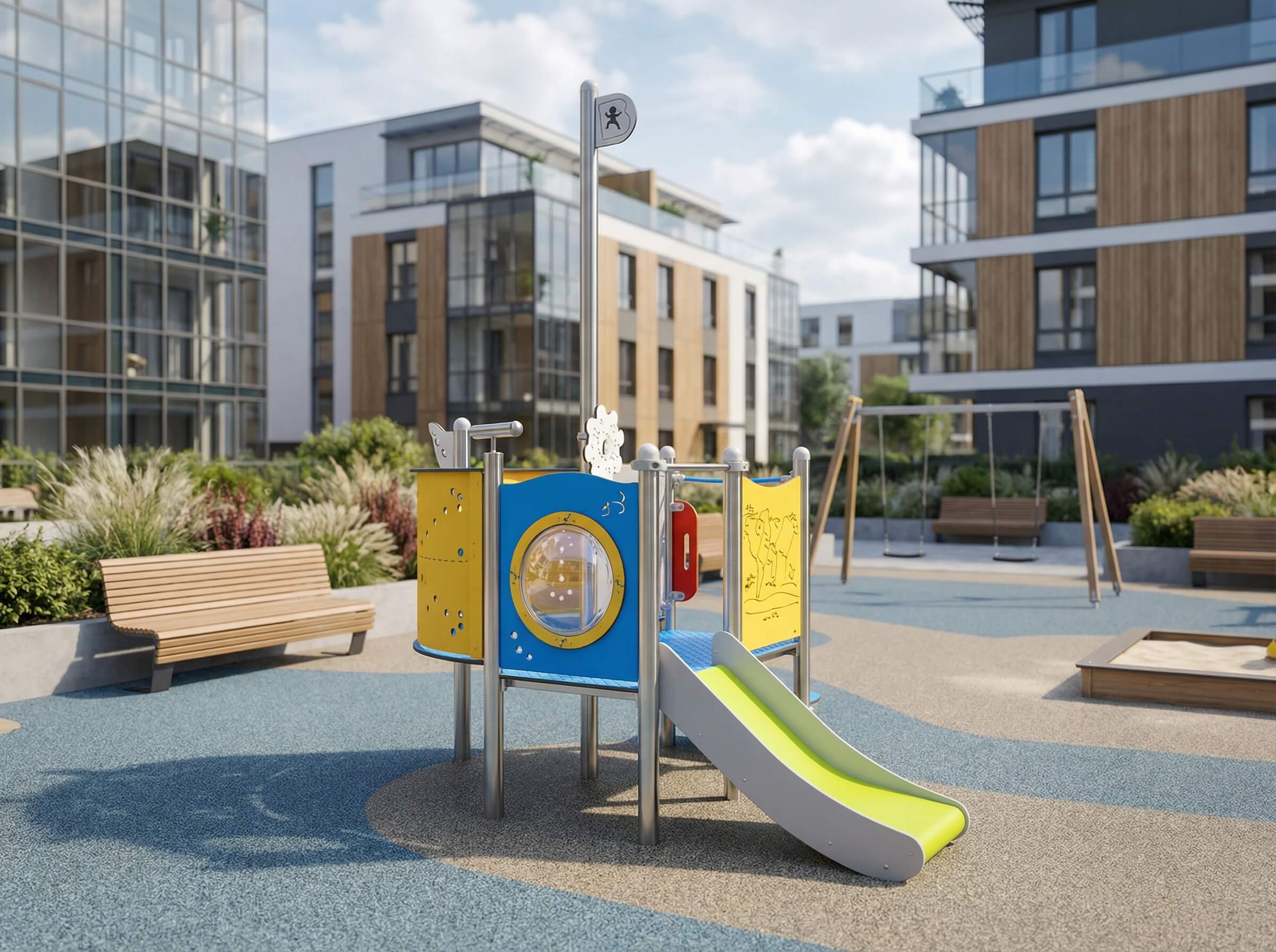 Farbechter Spielplatz mit Rutsche und Klettergerüst im modernen Wohnkomplex unter blauem Himmel.
