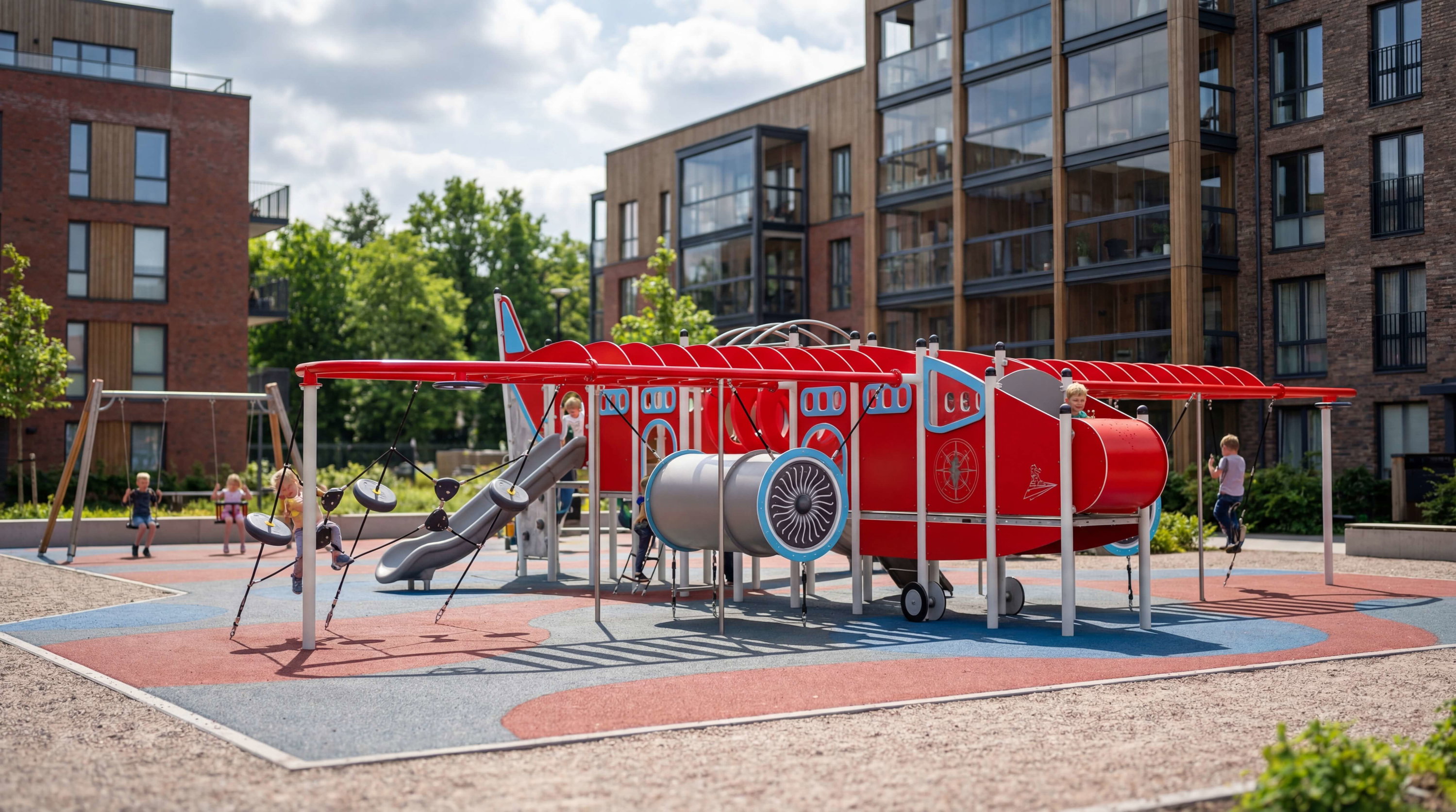 Kinder spielen auf einem roten Flugzeug-Spielplatz vor modernen Wohnhäusern im Freien.