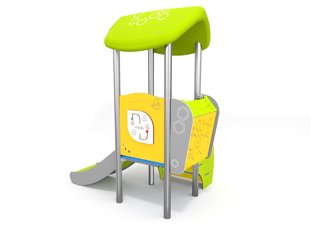 Schwinger für Kleinkinder mit Metallgestell und grünen Verbindungen auf weißem Hintergrund.