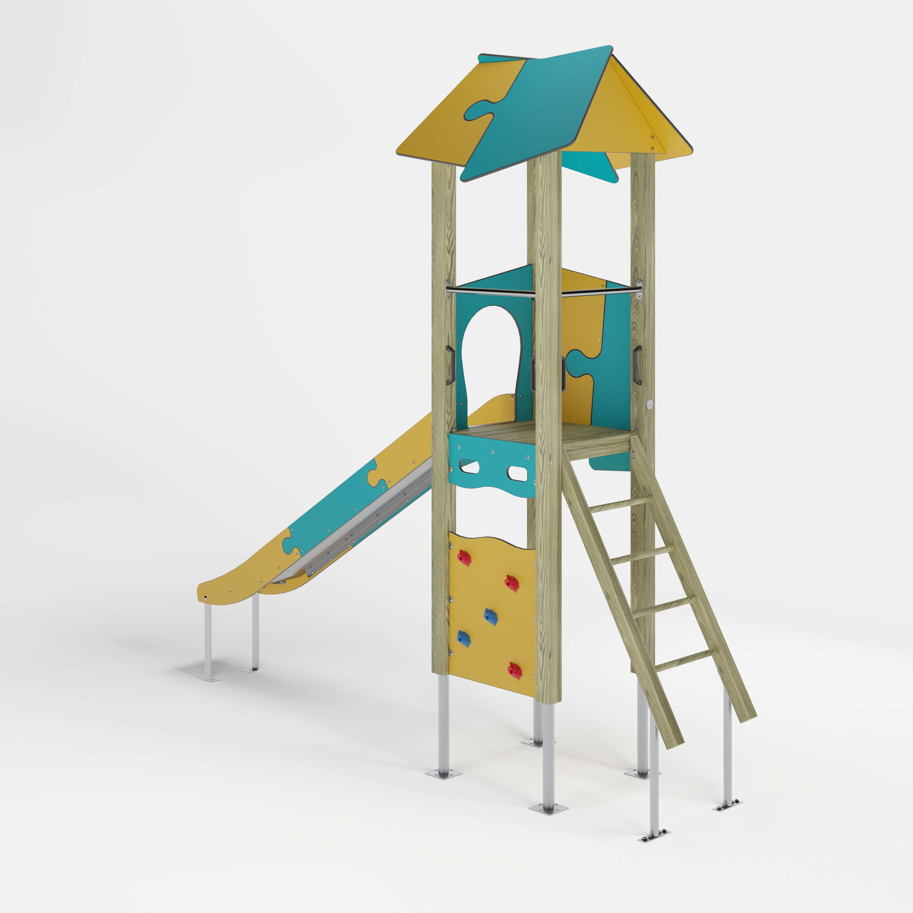 Bunte Kinderspielburg mit Rutsche und Leiter auf weißem Hintergrund.