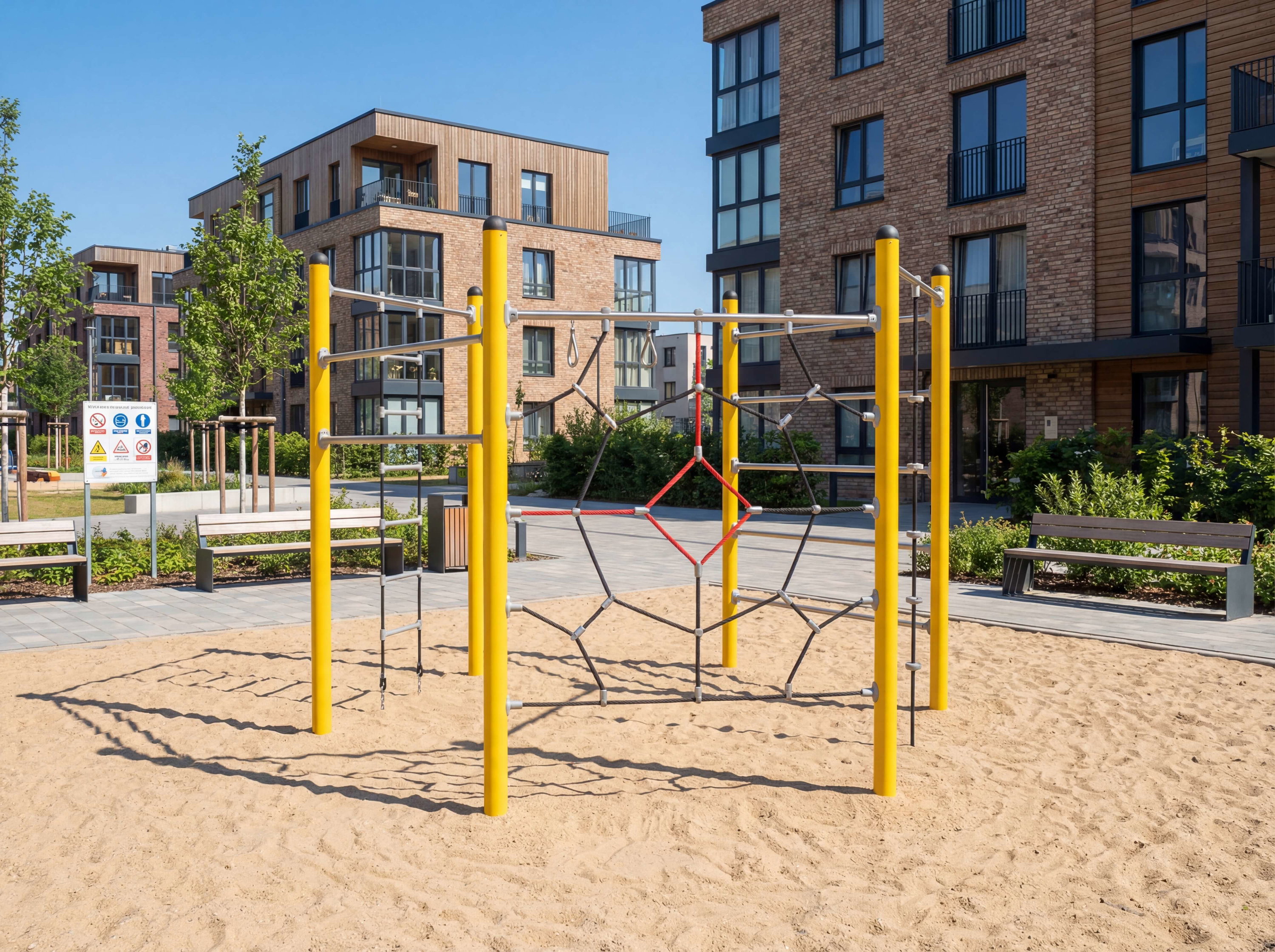 Spielplatz mit Klettergerüst auf Sand vor modernen Wohnhäusern unter blauem Himmel.