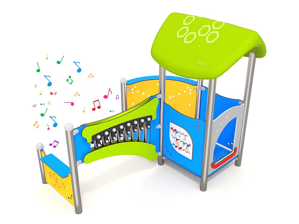 Schwinger für Kleinkinder mit Metallgestell und grünen Verbindungen auf weißem Hintergrund.
