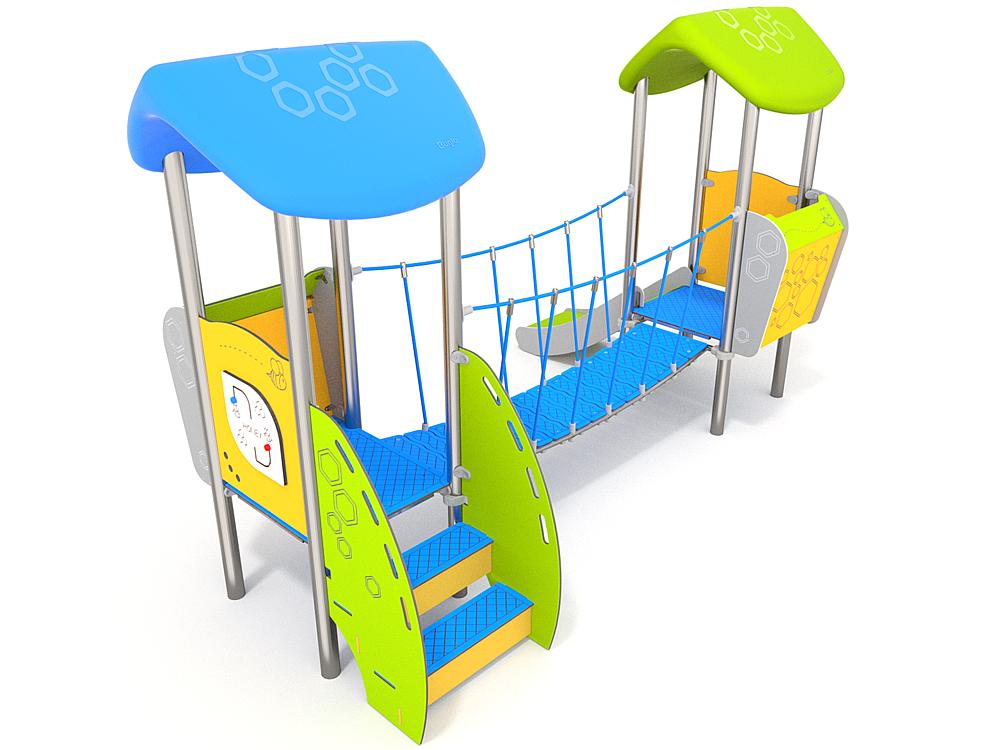 Schwinger für Kleinkinder mit Metallgestell und grünen Verbindungen auf weißem Hintergrund.