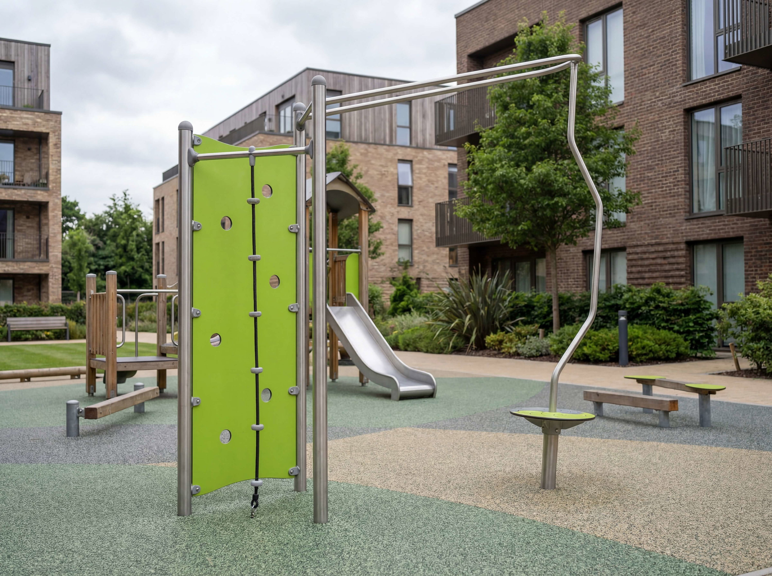 Modern playground with green climbing wall und slide between residential buildings.