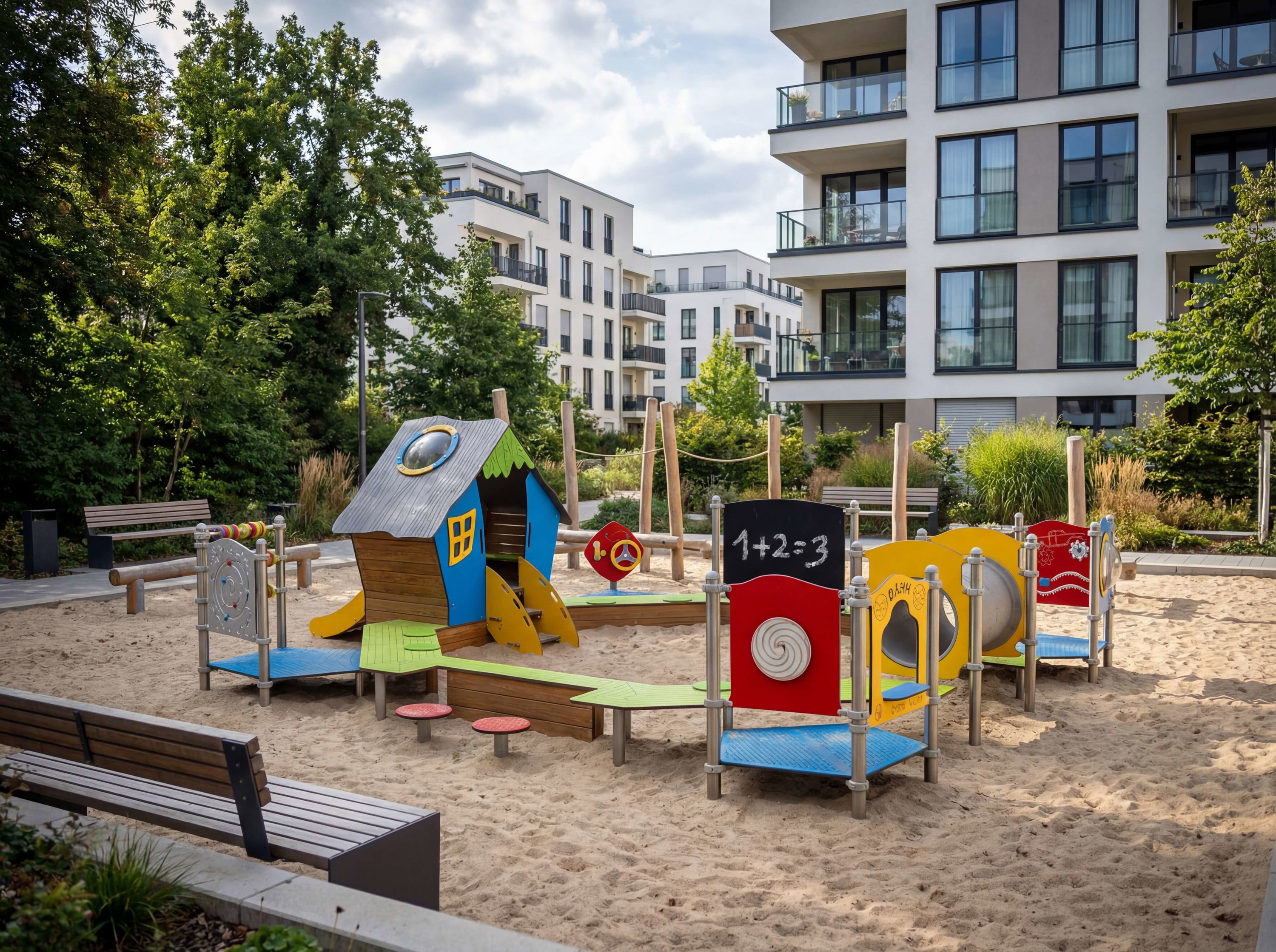 Bunte Spielanlage im Sandkasten vor modernem Wohnhaus mit Bäumen und Banken.