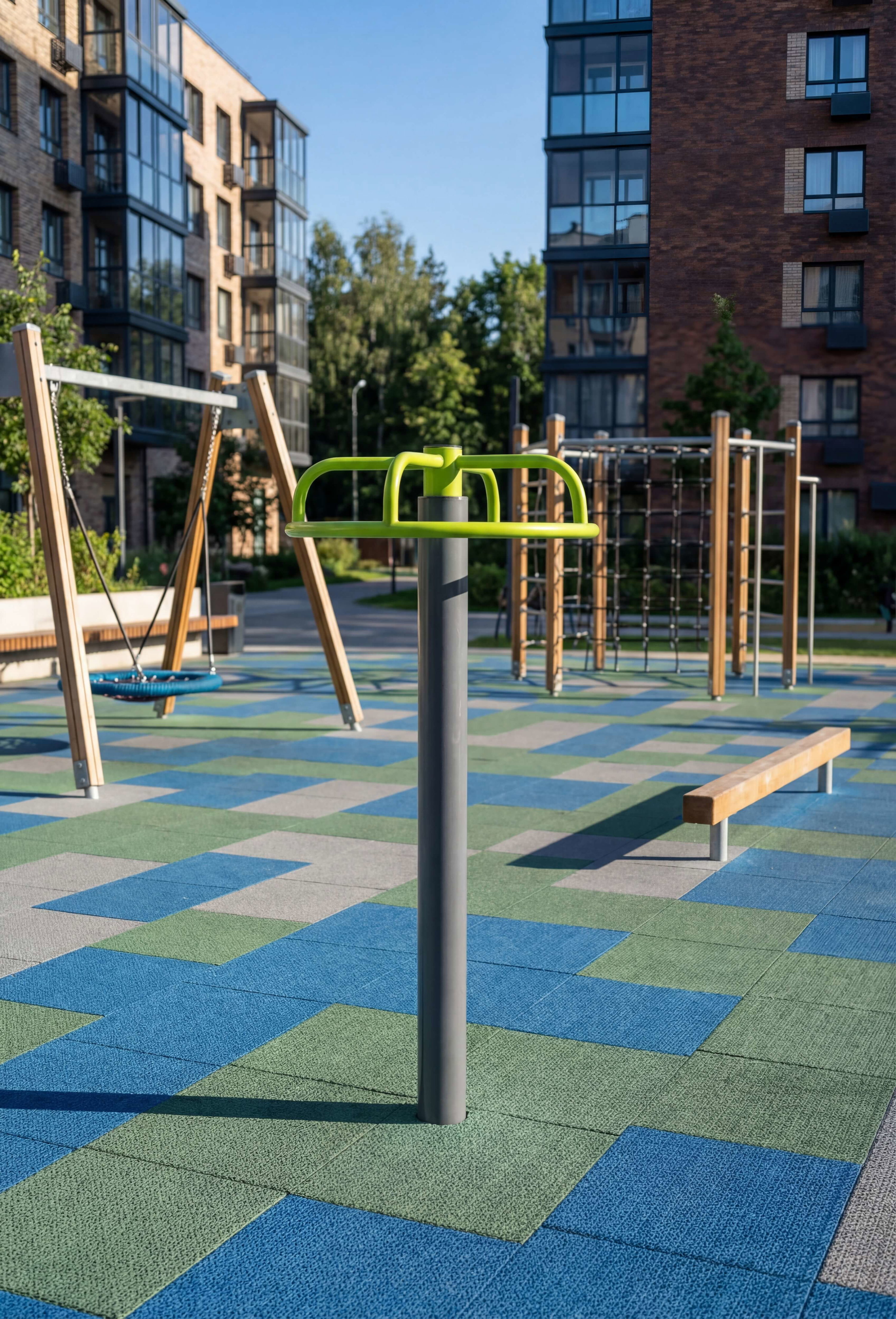 Bunte Spielplatzfläche mit Fitnessgerät und Schaukeln vor modernen Wohnhäusern im Sonnenlicht.