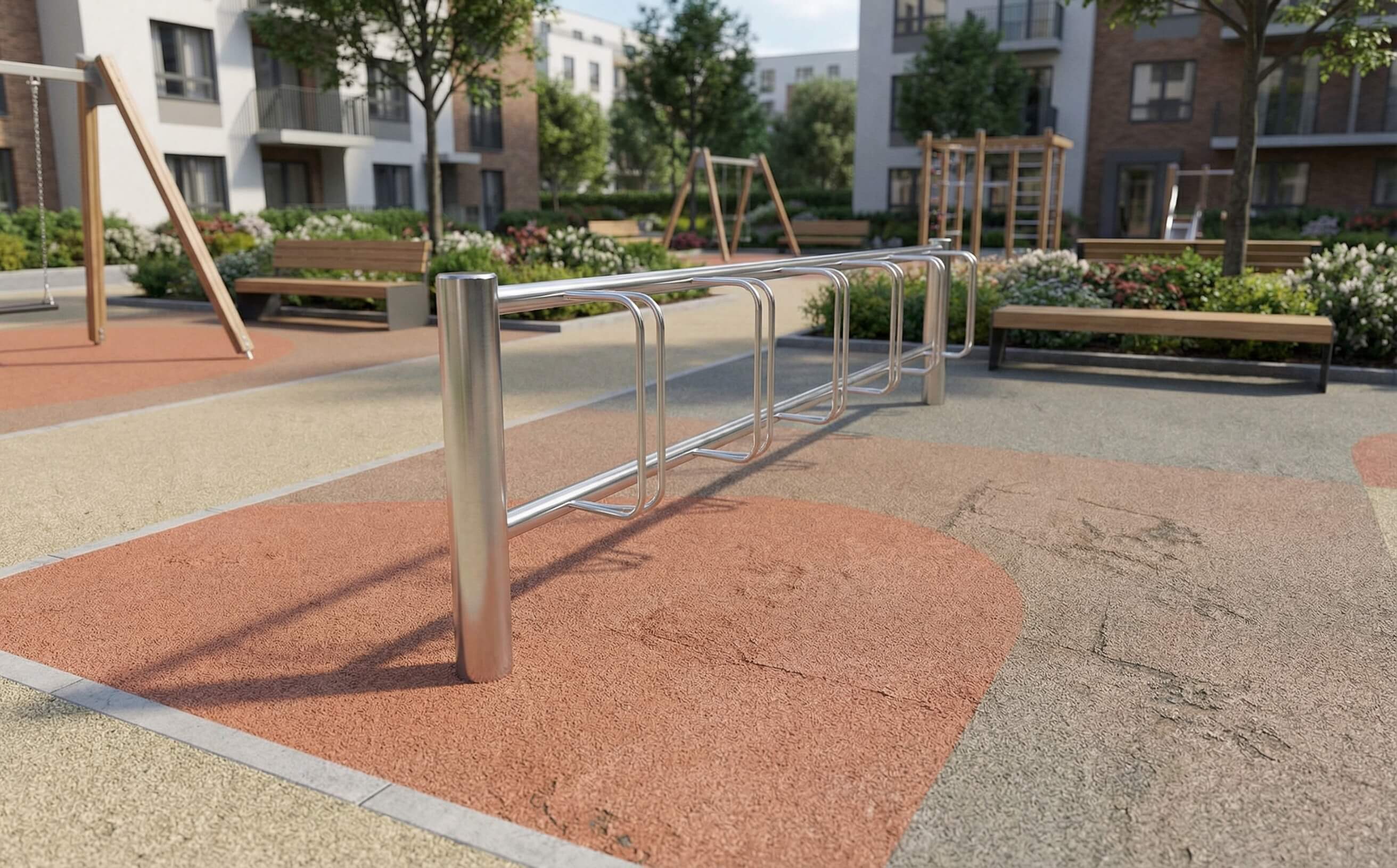 Stahlrohr-Bike-Ständer im modernen Wohnviertel mit Spielplatz und Blumenbeeten.