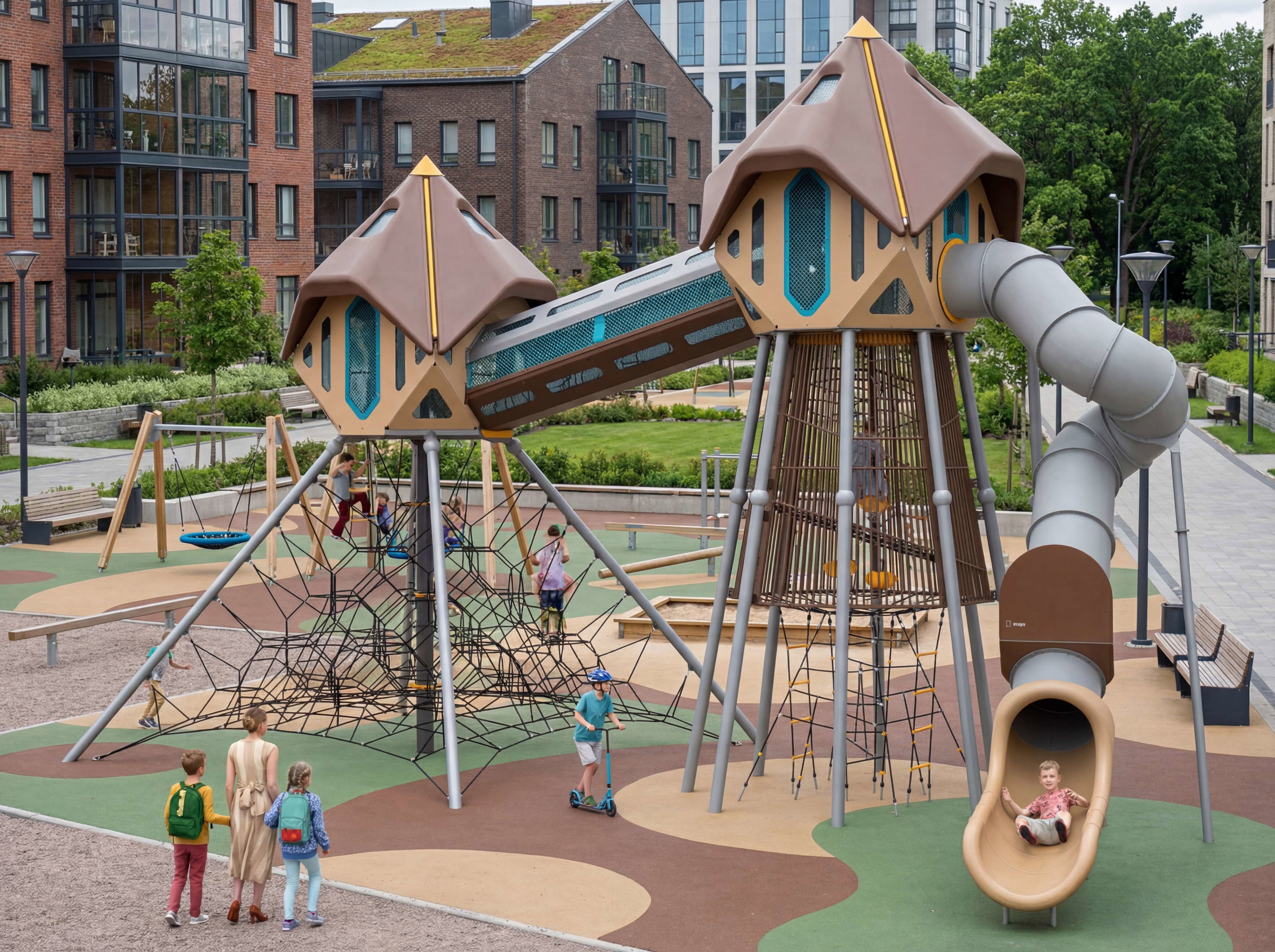 Kinder spielen auf einem modernen Spielplatz mit Rutschen und Klettergerüsten vor Wohnhäusern.