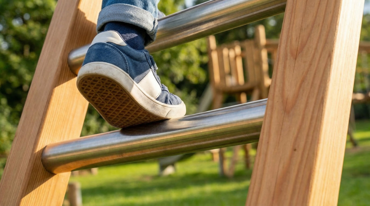 Kinderfuß im Turnschuh auf der Leiter eines Spielgeräts