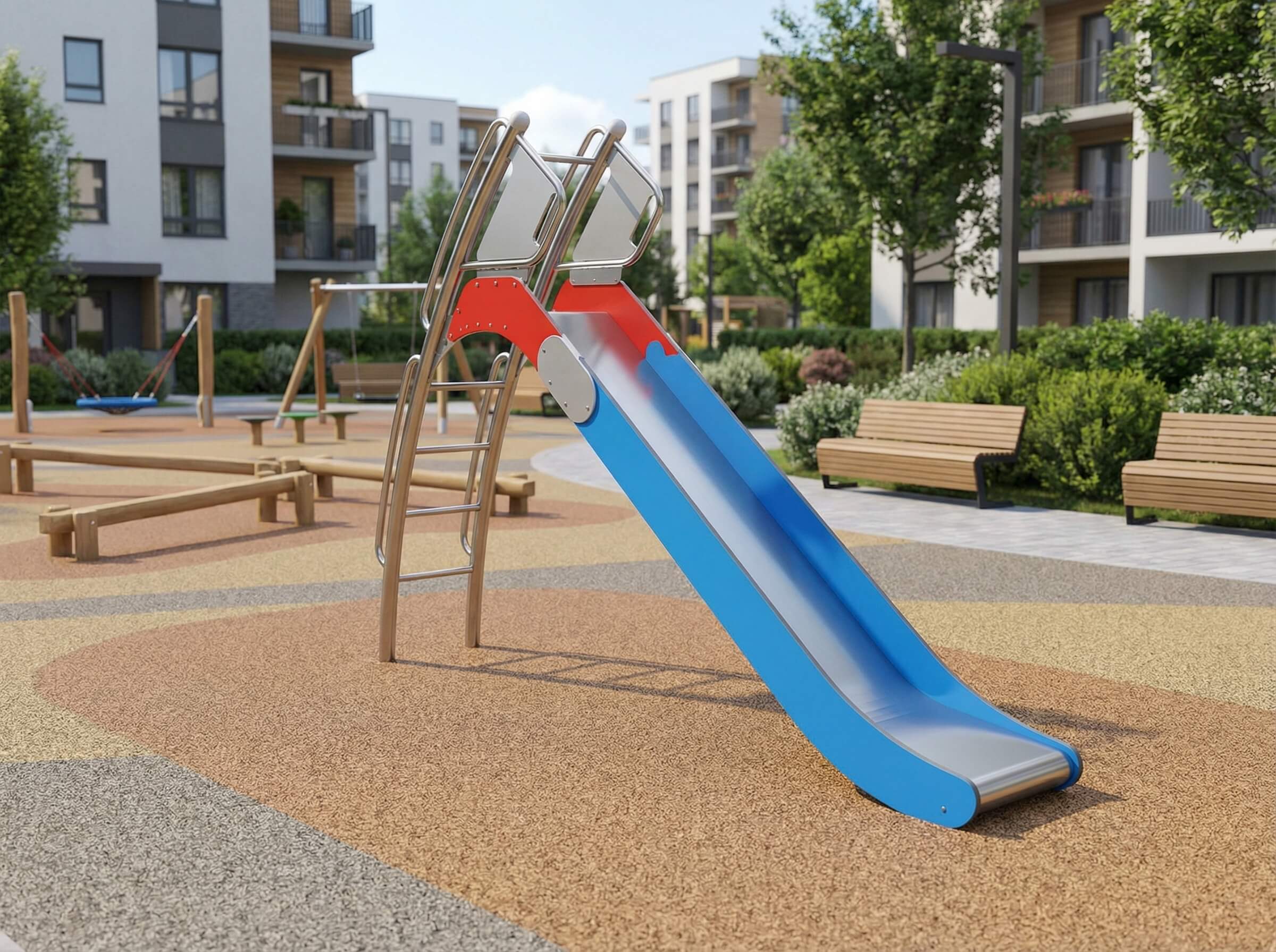 Blauer Rutschbahn im modernen Spielplatz vor Wohnhäusern mit Holzbänken und Grünanlagen.