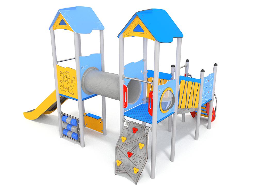 Schwinger für Kleinkinder mit Metallgestell und grünen Verbindungen auf weißem Hintergrund.