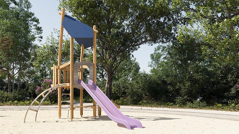 Holzspielplatz mit lila Rutsche im Sand unter Bäumen – sonniger Tag.

(89 Zeichen)