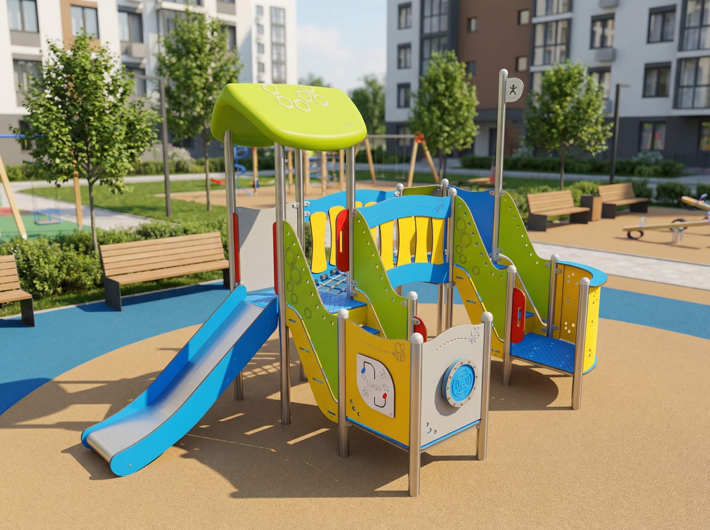 Bunte Spielplatzanlage mit Rutschen und Kletterelementen im städtischen Parkbereich.