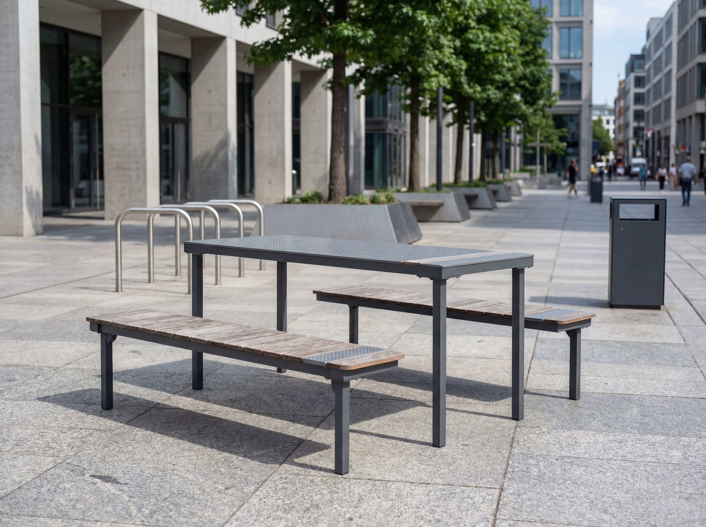 Modern outdoor picnic table with benches on paved plaza near trees and buildings.