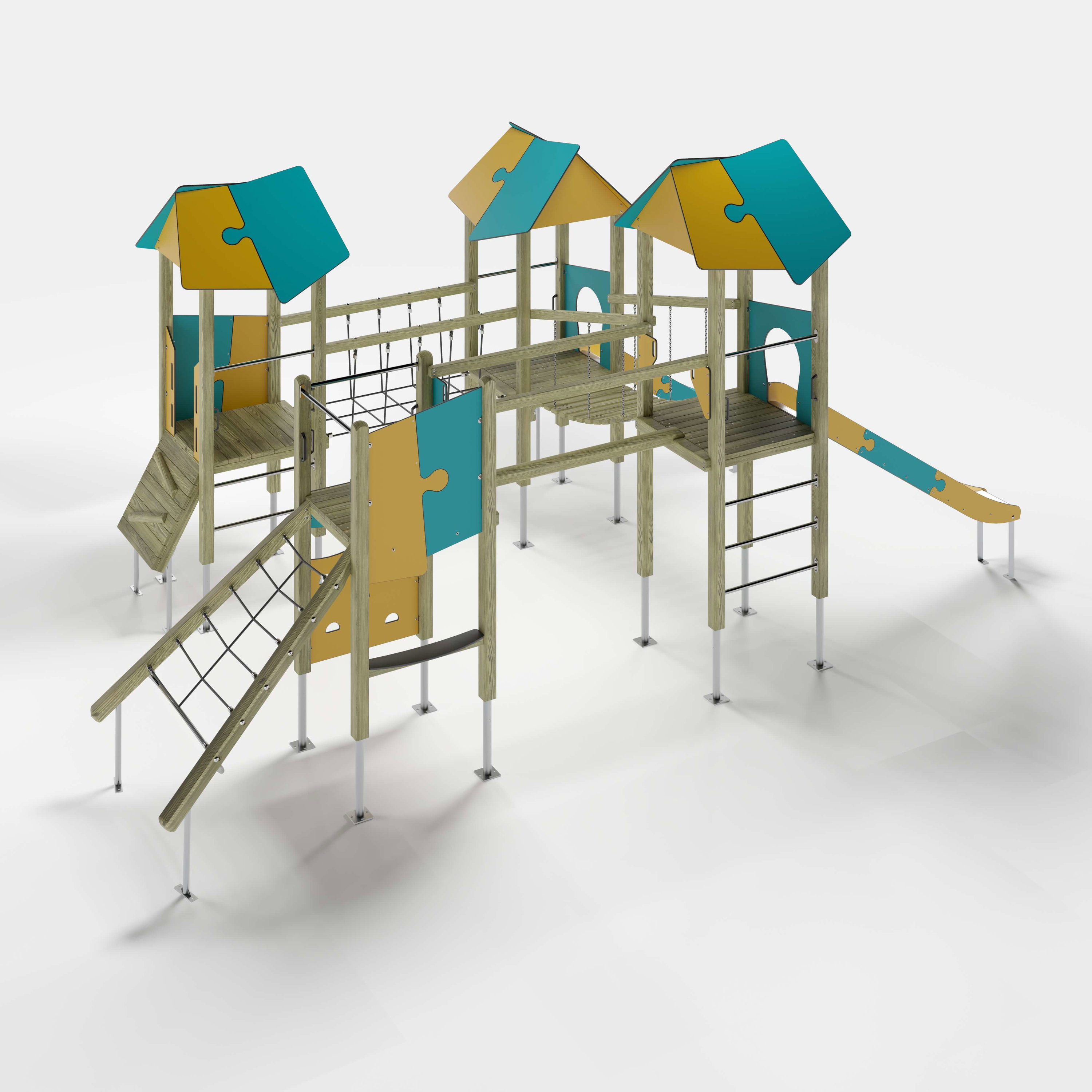 Bunte Kinderspielburg mit Dach und Rutsche auf weißem Hintergrund.