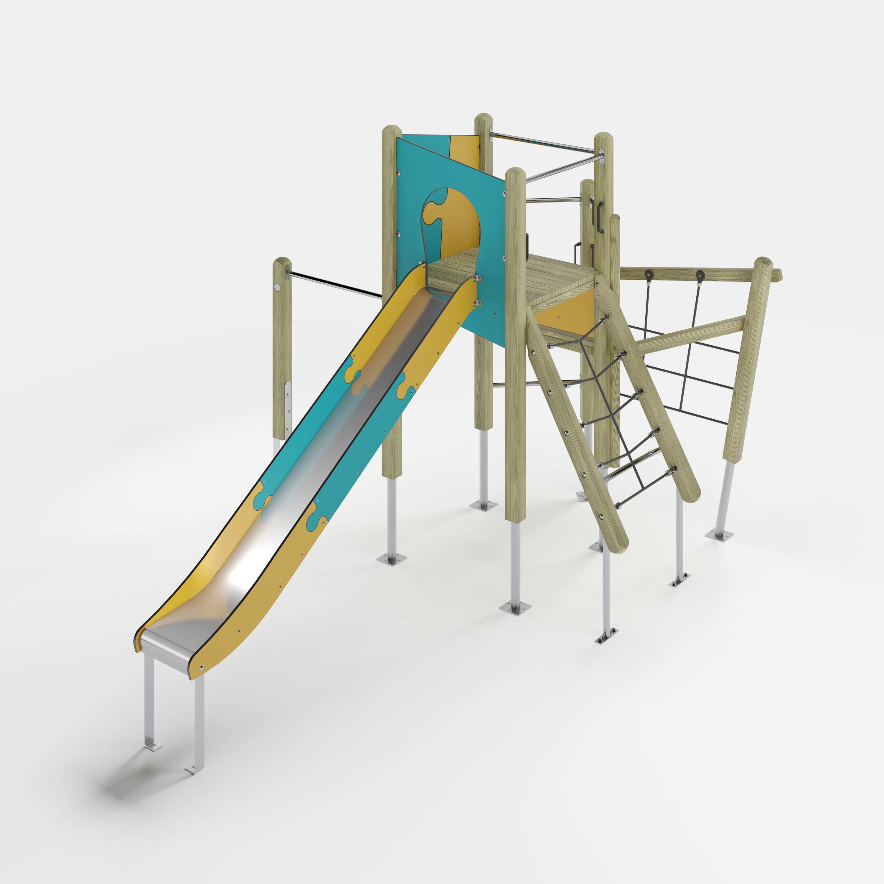Bunte Kinderspielburg mit Dach und Rutsche auf weißem Hintergrund.