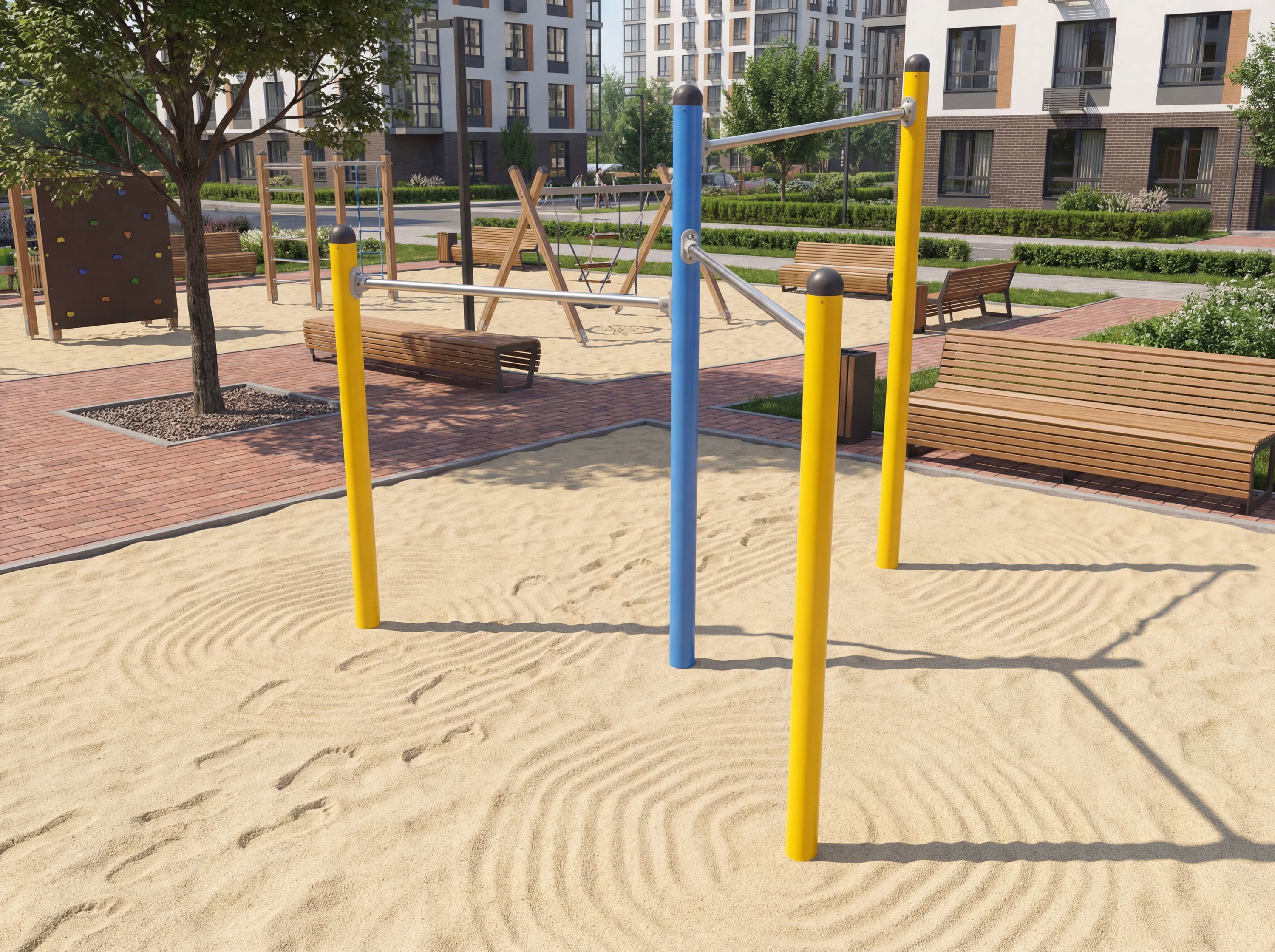Spielplatz mit Sandkiste und Kletterwand im Wohngebiet – Kinderfreundlicher Freizeitbereich vor modernen Häusern.