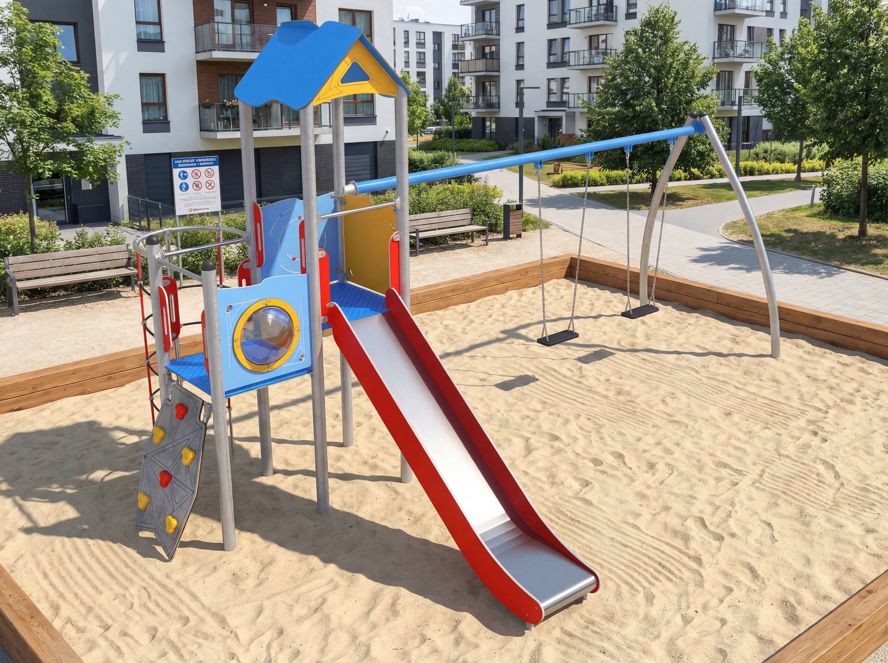Bunte Spielanlage mit Rutsche und Schaukeln im Sandbereich vor Wohnhäusern.