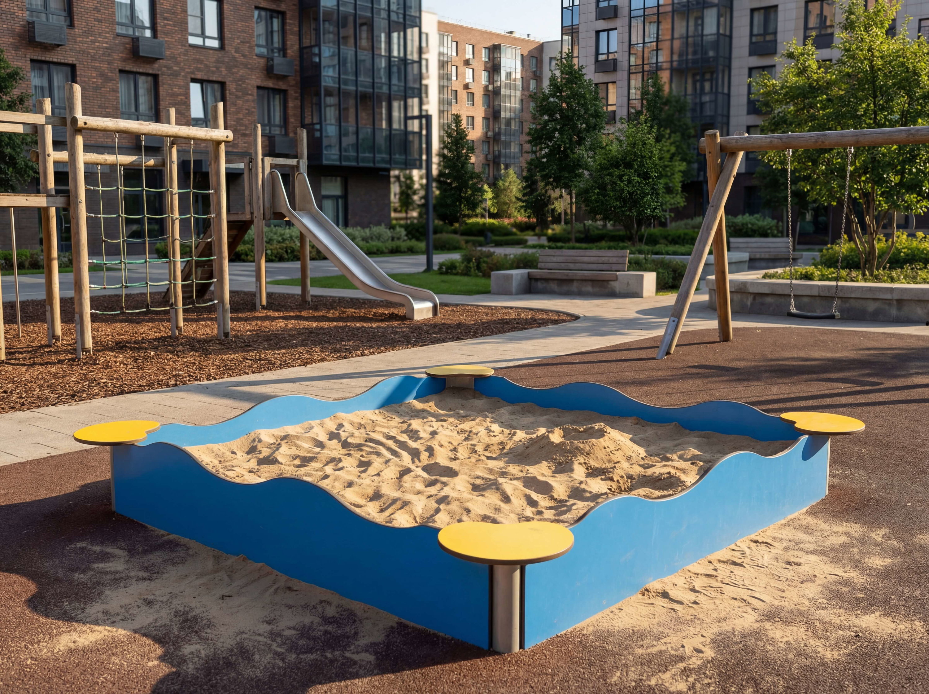 Blauer Sandkasten mit gelben Sitzplätzen im modernen Spielplatz vor Wohnhäusern.