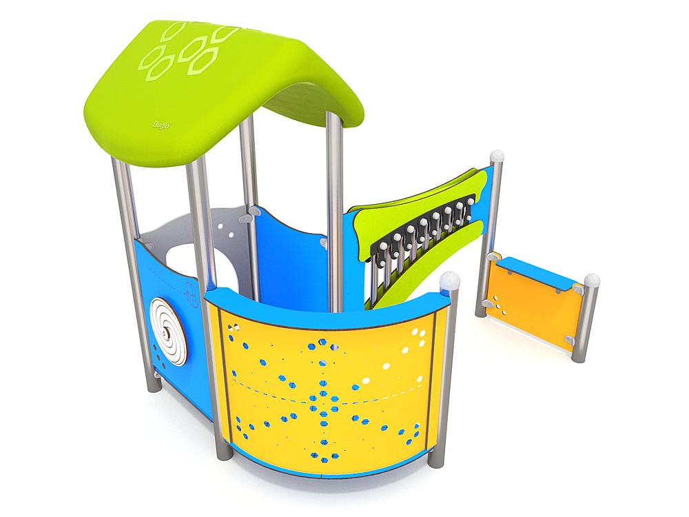 Schwinger für Kleinkinder mit Metallgestell und grünen Verbindungen auf weißem Hintergrund.