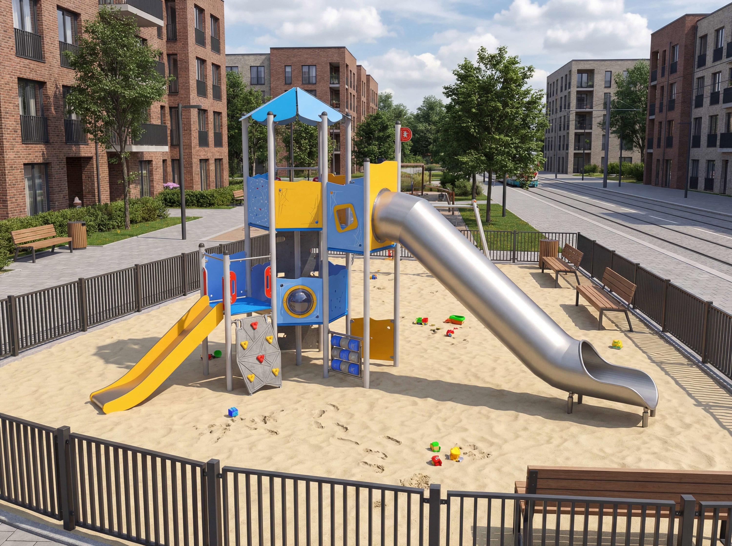 Farbiger Spielplatz mit Rutsche und Sandkasten im städtischen Wohngebiet.