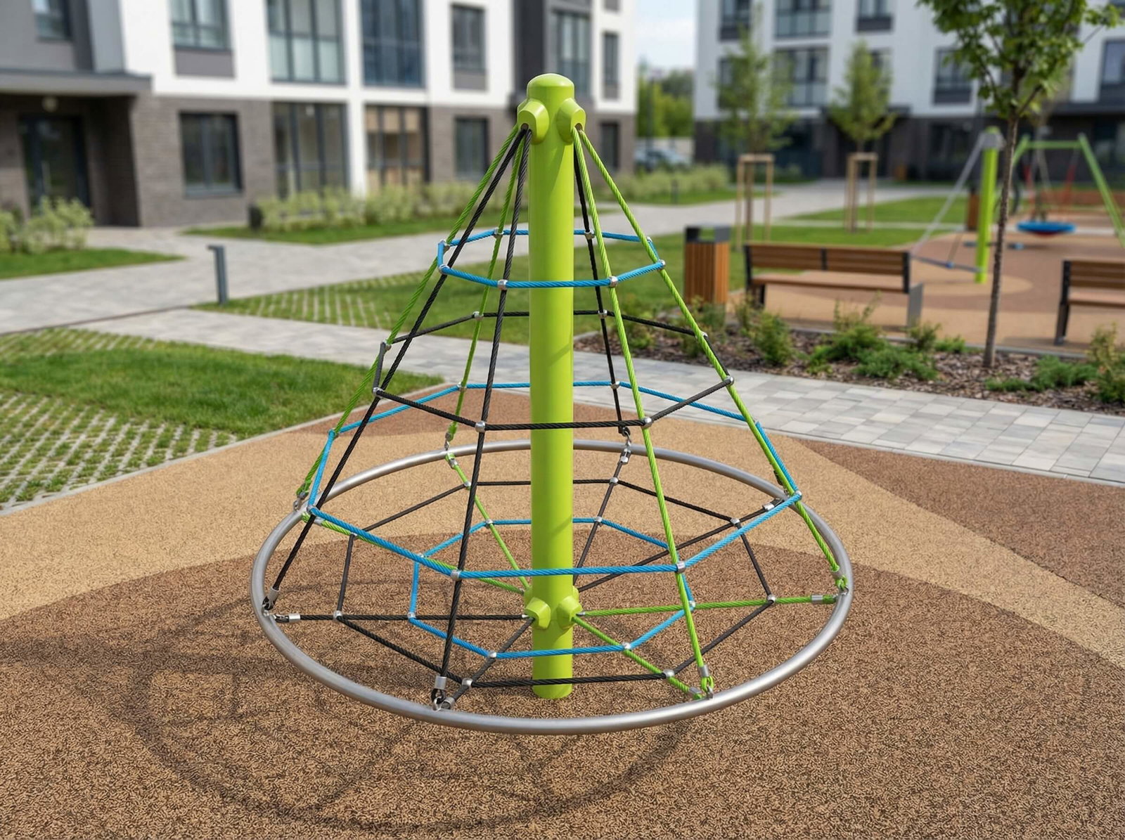 Farbiger Kletterturm auf Spielplatz mit Sandbelag vor Wohnhäusern – Kinderfreundlich und modern gestaltet.