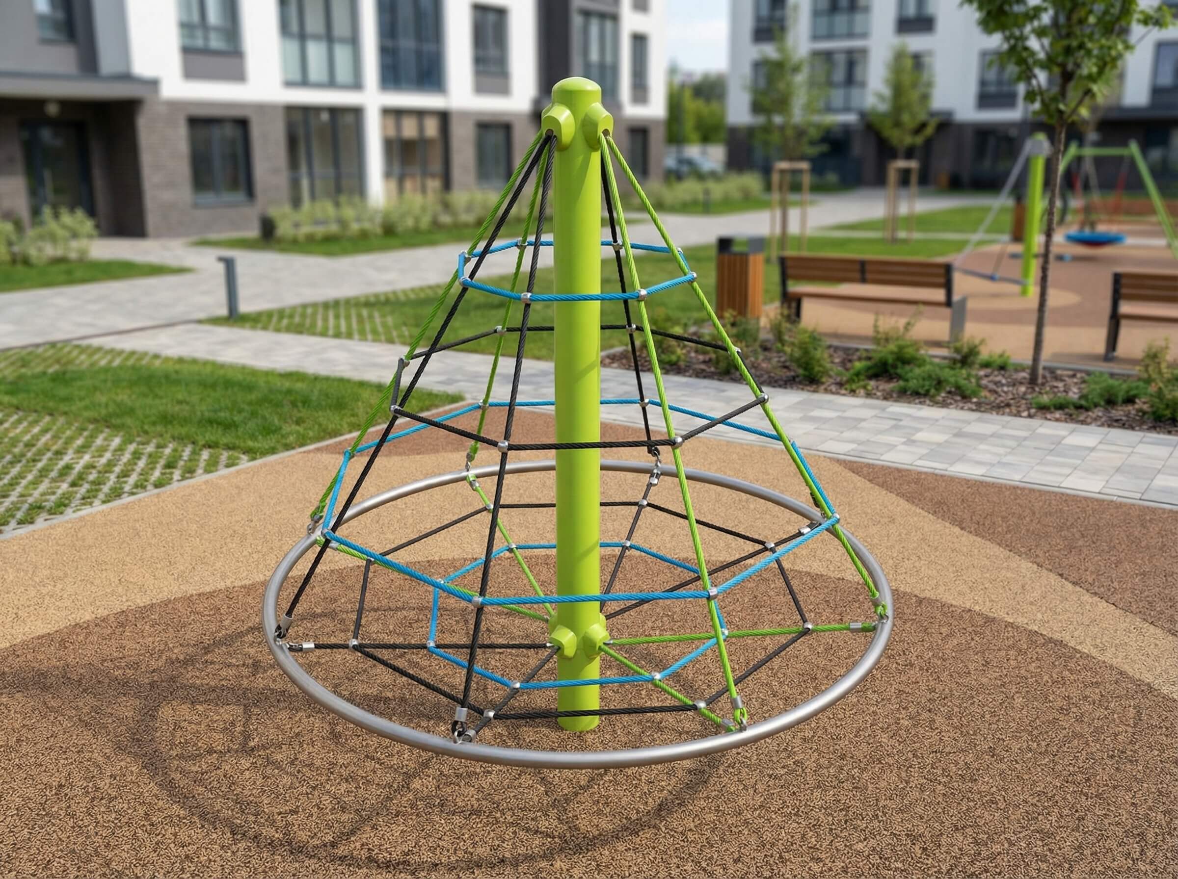 Farbiger Kletterturm auf Spielplatz mit Sandbelag vor Wohnhäusern – Kinderfreundlich und modern gestaltet.
