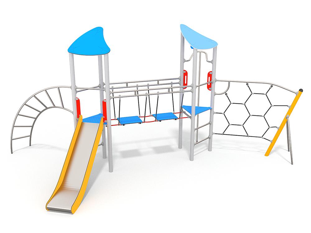 Schwinger für Kleinkinder mit Metallgestell und grünen Verbindungen auf weißem Hintergrund.