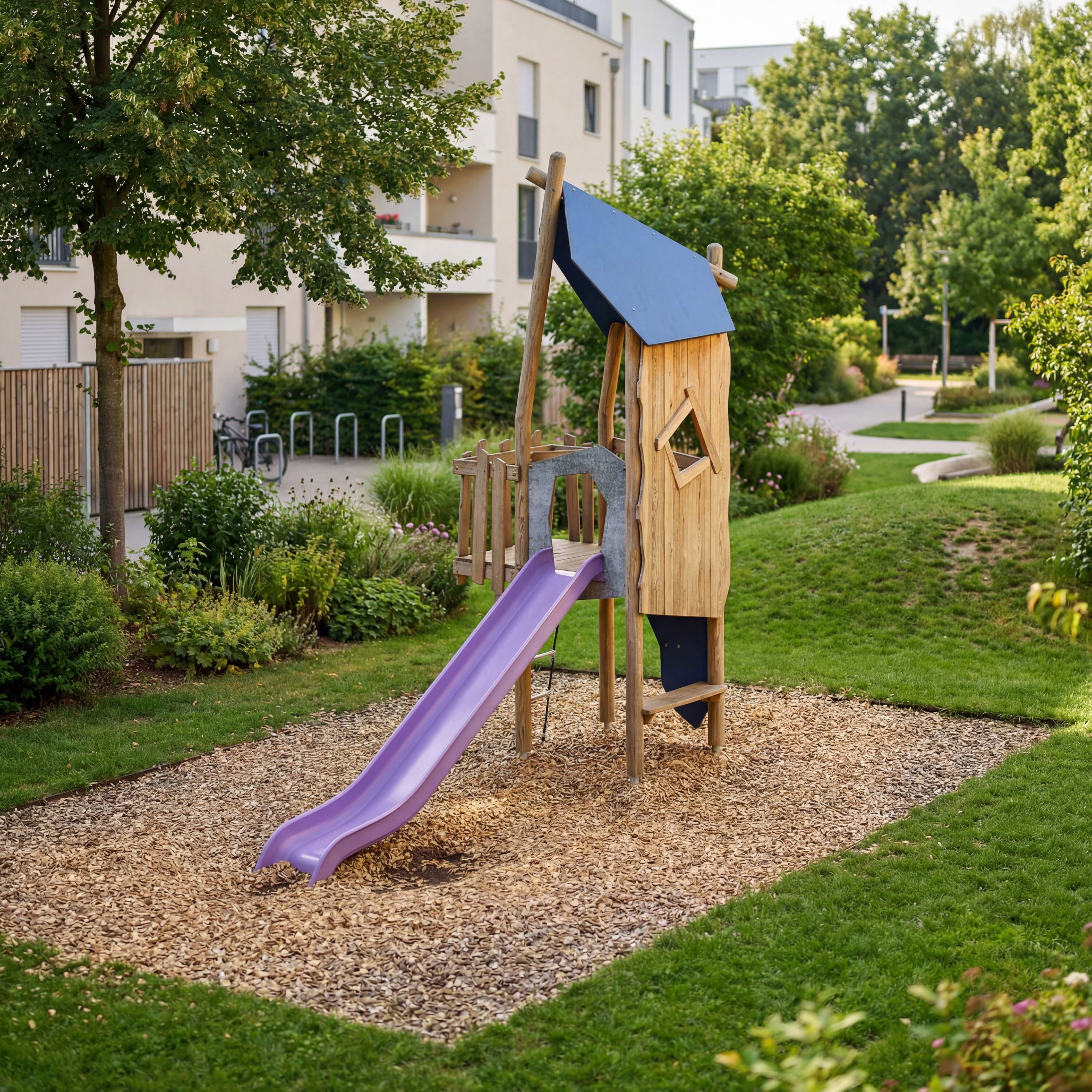 Holzspielplatz mit lila Rutsche im grünen Garten vor Wohnhäusern.