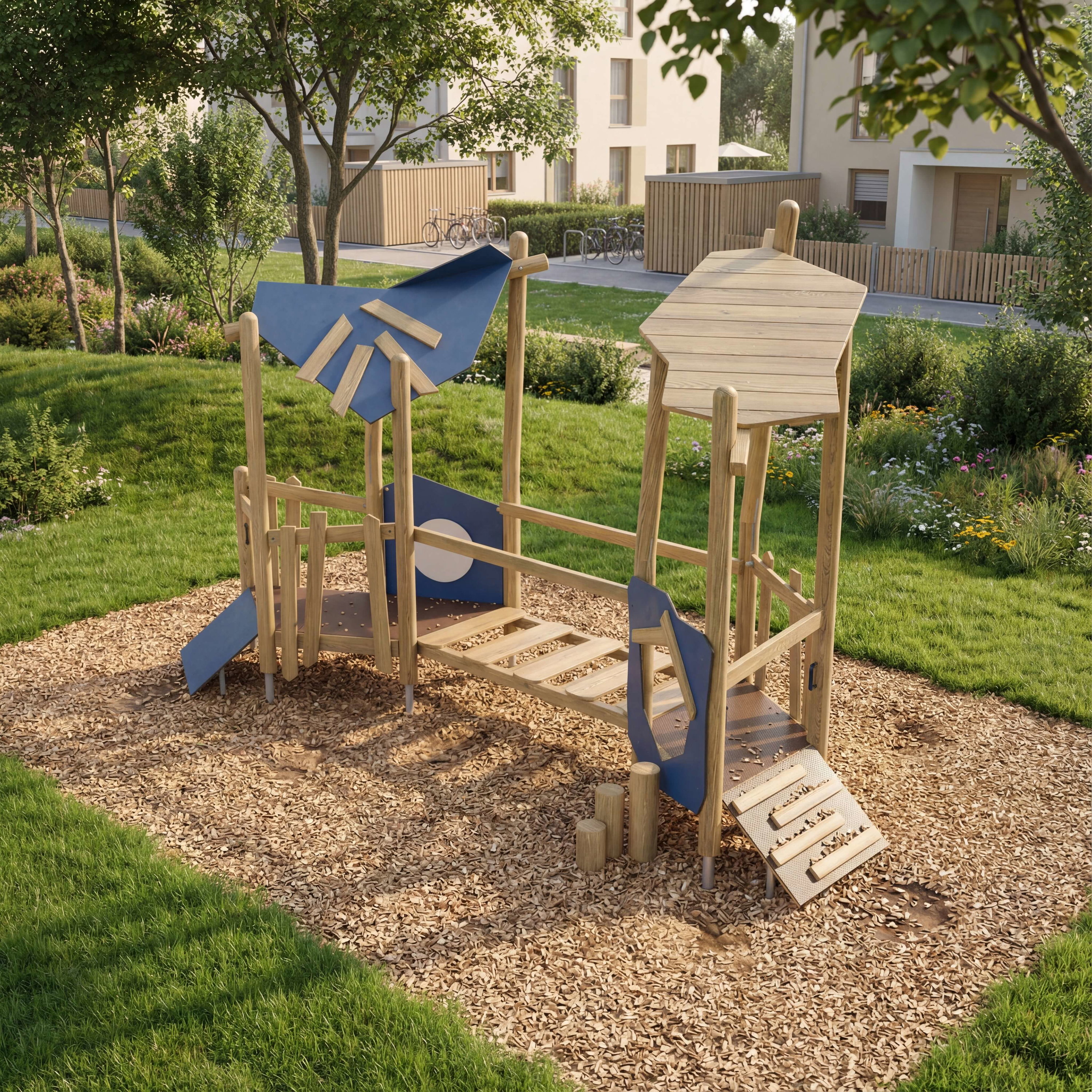 Holzspielplatz mit blauen Elementen im grünen Garten vor Wohnhäusern.