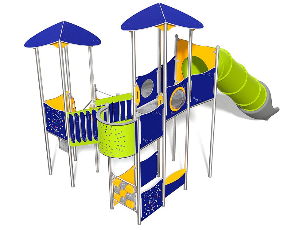 Schwinger für Kleinkinder mit Metallgestell und grünen Verbindungen auf weißem Hintergrund.