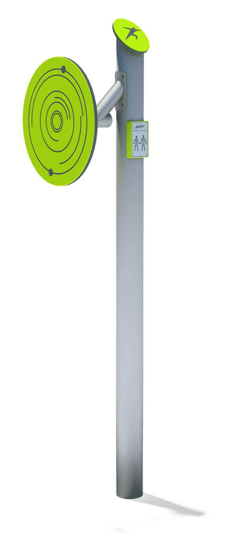 Grüner Fitness-Apparat mit Spiralplatte und Symbol für Bewegung im Freien.