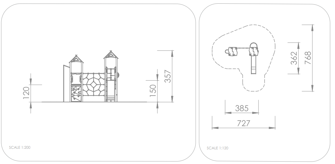 Technische Zeichnung eines Spielplatzgeräts mit Maßen und Skalierung 1:75.