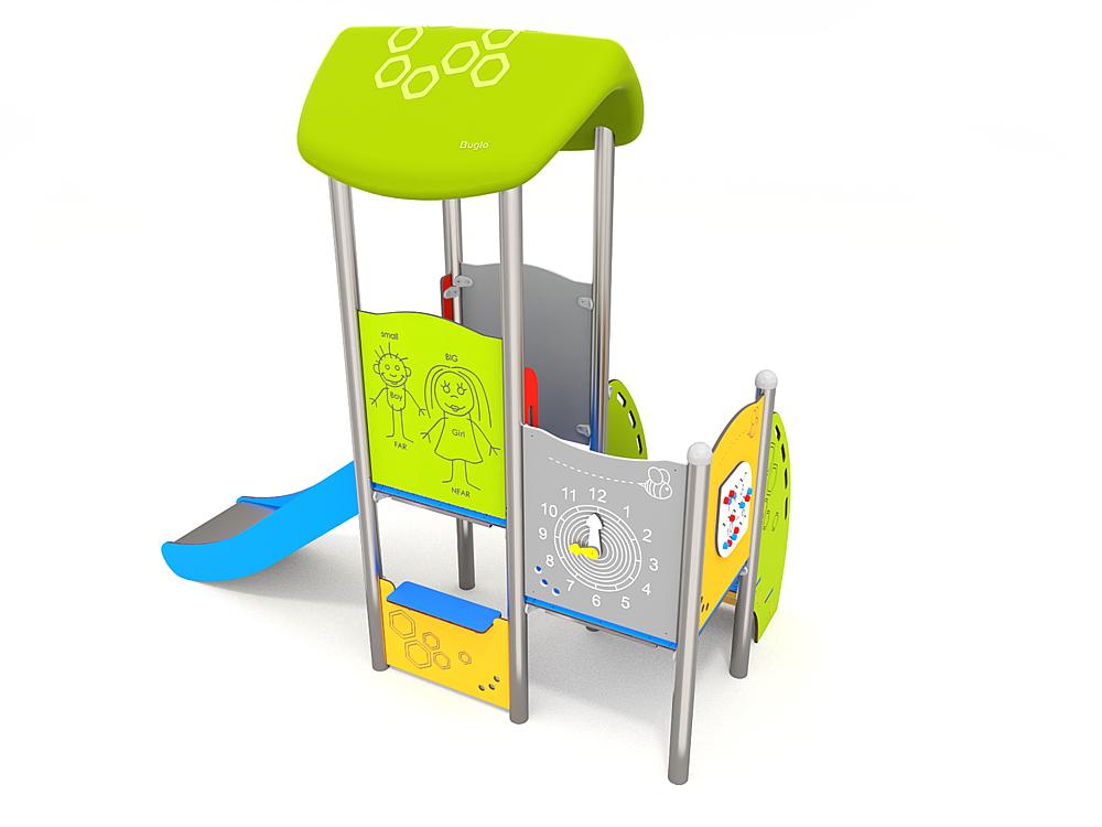 Schwinger für Kleinkinder mit Metallgestell und grünen Verbindungen auf weißem Hintergrund.