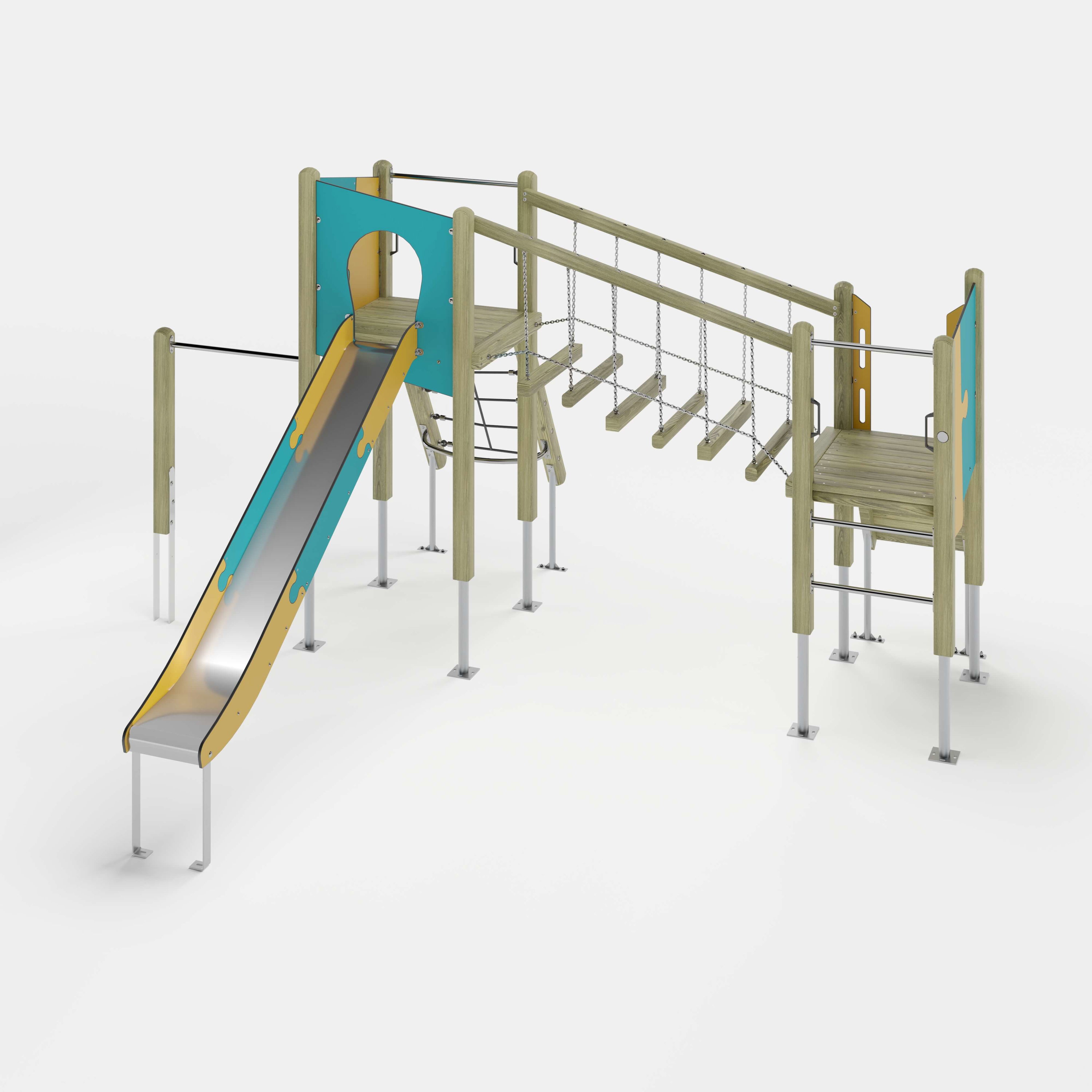 Bunte Kinderspielburg mit Dach und Rutsche auf weißem Hintergrund.