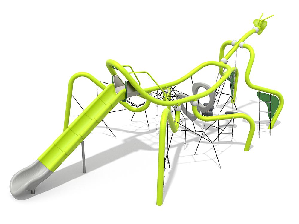 Schwinger für Kleinkinder mit Metallgestell und grünen Verbindungen auf weißem Hintergrund.