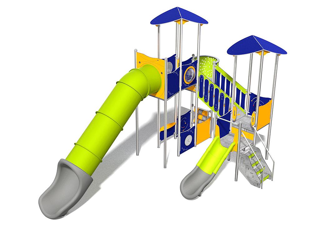 Schwinger für Kleinkinder mit Metallgestell und grünen Verbindungen auf weißem Hintergrund.