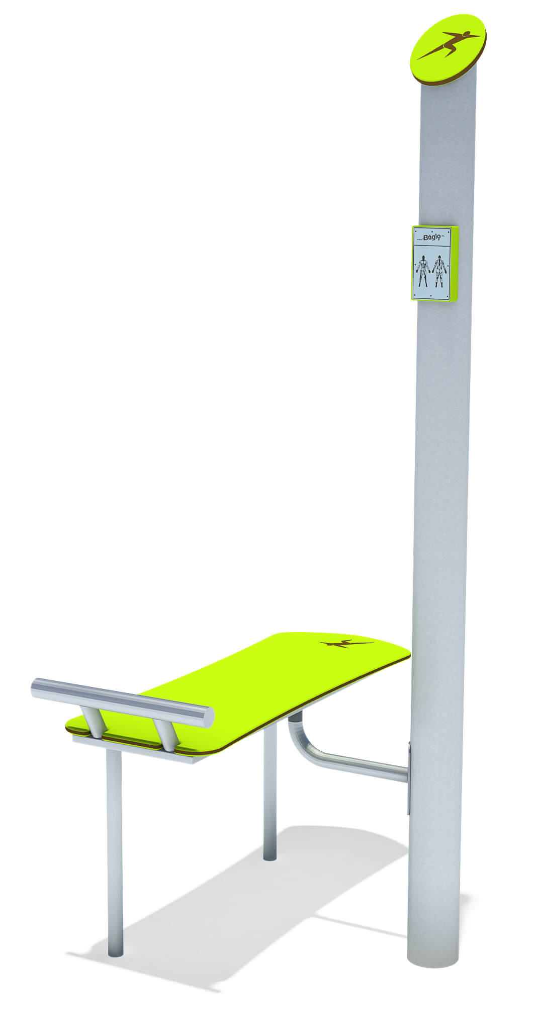 Gelb-grünes Fitnessgerät für Übungen am Boden und mit Stützpfosten im Freien.