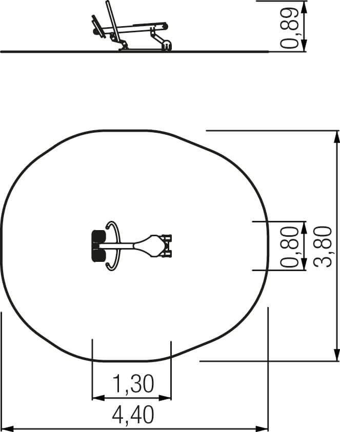 Technische Zeichnung eines Toilettenbeckens mit Maßen und Sitzmechanismus.