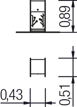 Technische Zeichnung eines Bauteils mit Maßen: 0,89 / 0,43 / 0,51 cm.
