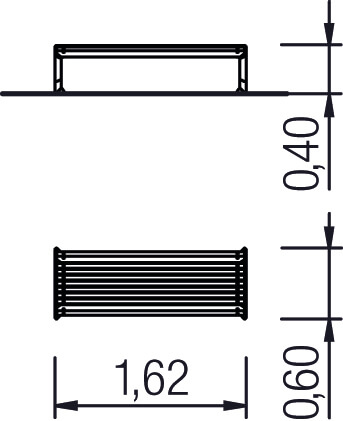 Metallbank mit Maßen: 1,62 m lang und 0,40–0,60 m hoch.