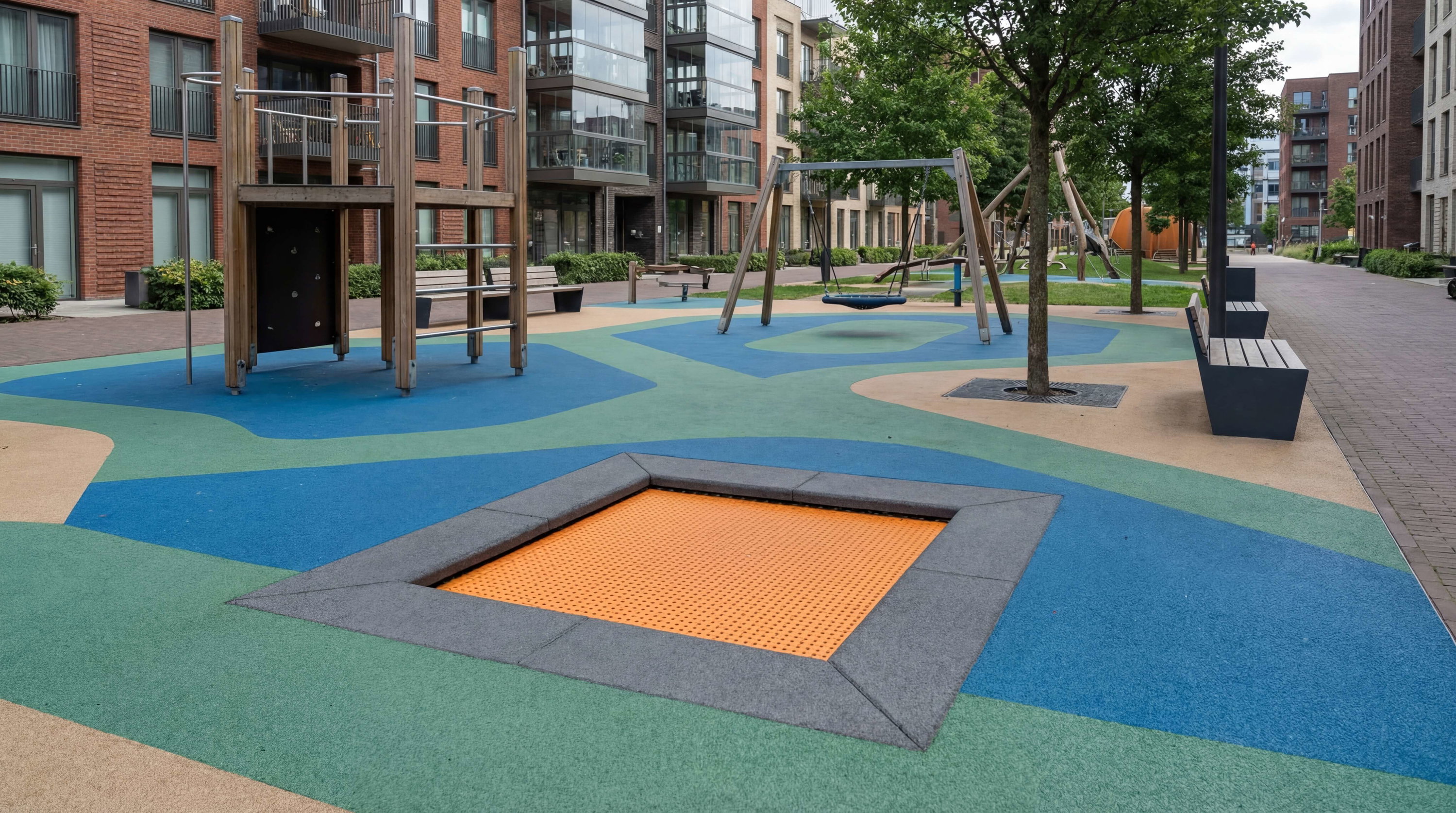 Farbiger Spielplatz mit Klettergerüst und Schaukel vor Wohnhäusern im Stadtpark.
