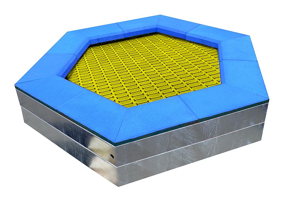 Runder Trampolin mit blauem Sprungboden und galvanischem Metallrahmen – ideal für Garten oder Hof.