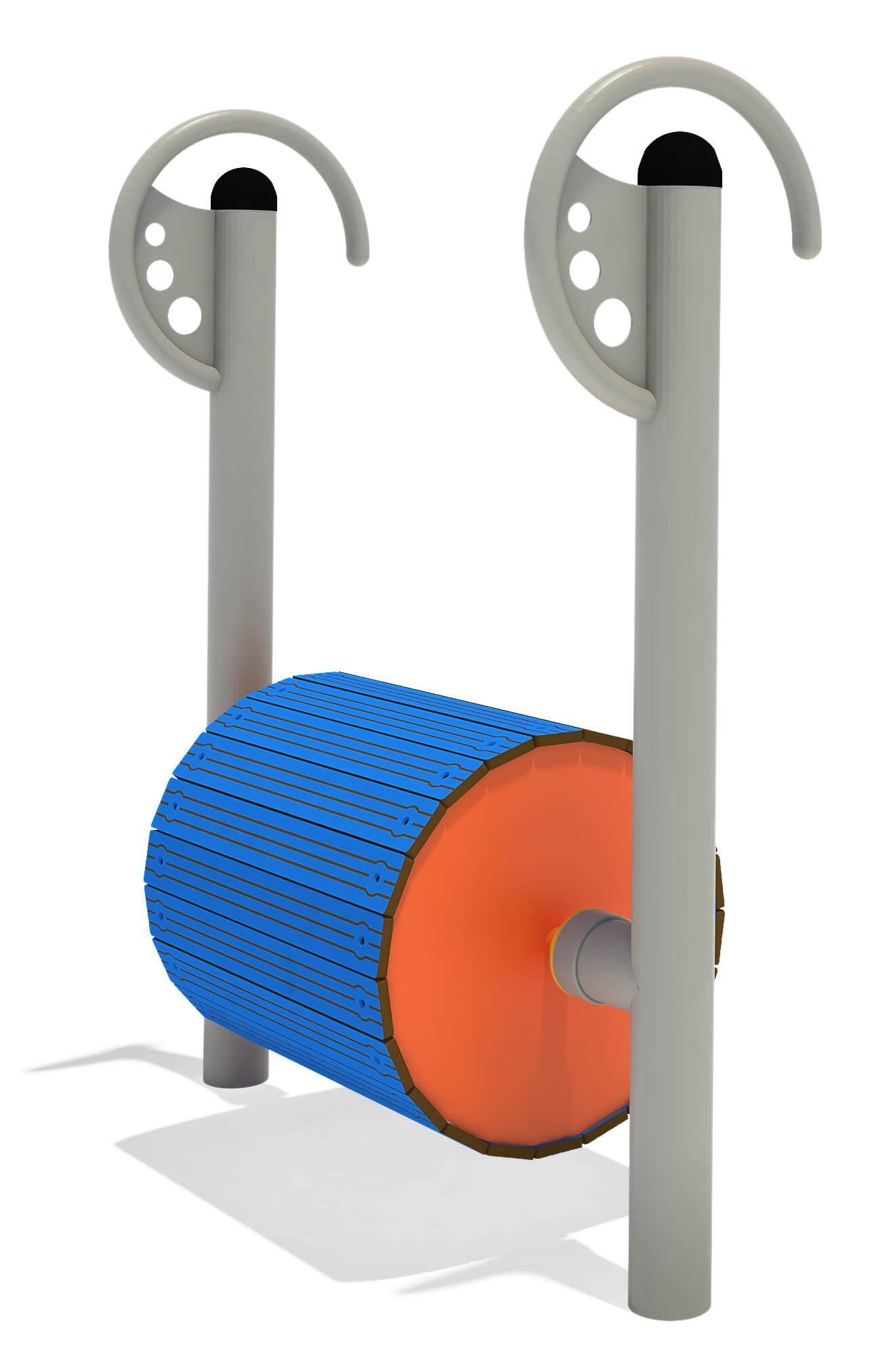 Gymnastikgerät mit blau-orangem Rollen-Element und zwei grauen Stützpfosten für Fitness im Freien.

German:  
Fitnessgeräte für Außenbereich – blaue Rolle zwischen zwei Pfosten mit Griffen oben.