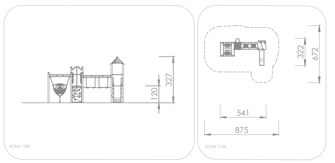 Spielplatz-Plan mit Seitenansicht und Grundriss – Maßstab 1:200 & 1:120