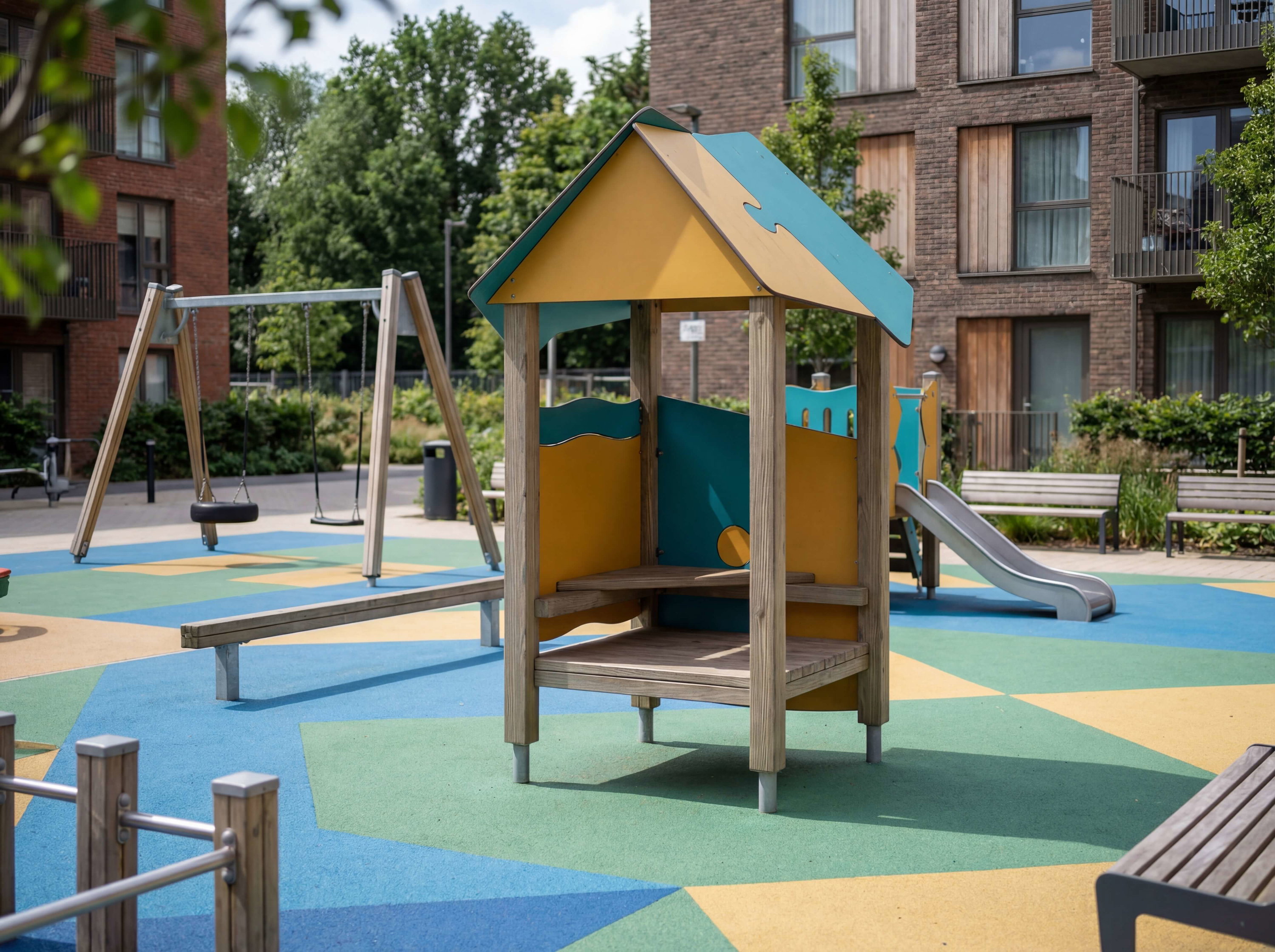 Bunte Spielplatz mit Schaukel und Rutsche vor Wohnhäusern im Grünen.