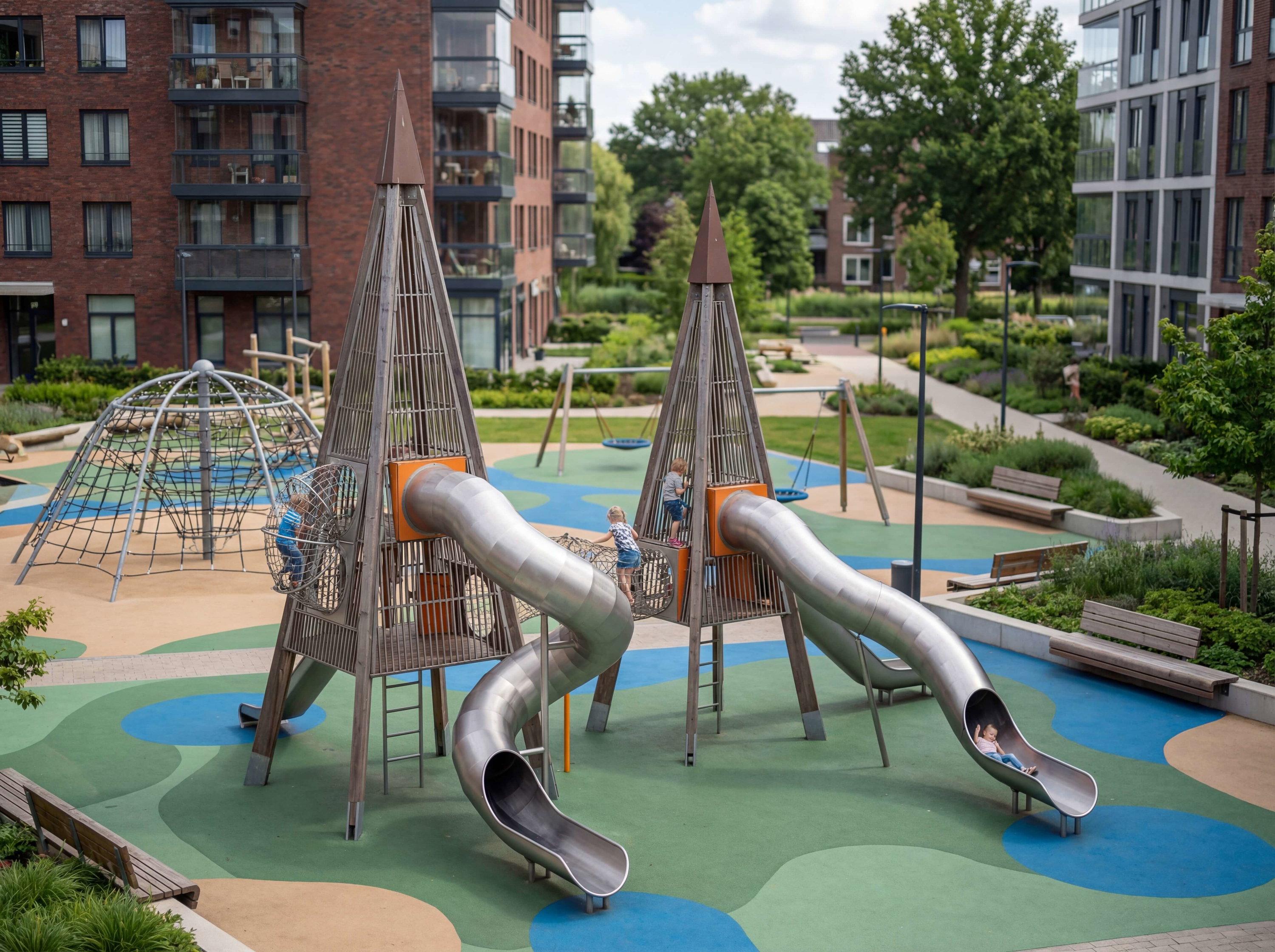 Kinder spielen auf modernen Rutschen und Klettergerüsten im städtischen Spielplatz zwischen Wohnhäusern.