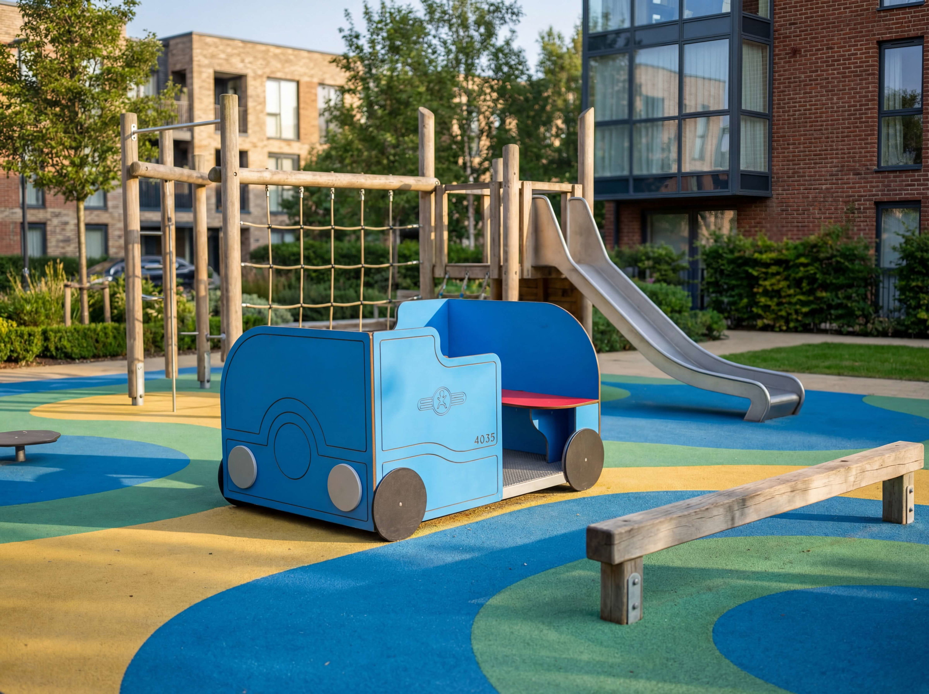 Blauer Spielzug auf buntem Sandplatz vor modernen Wohnhäusern mit Rutsche und Klettergerüst.