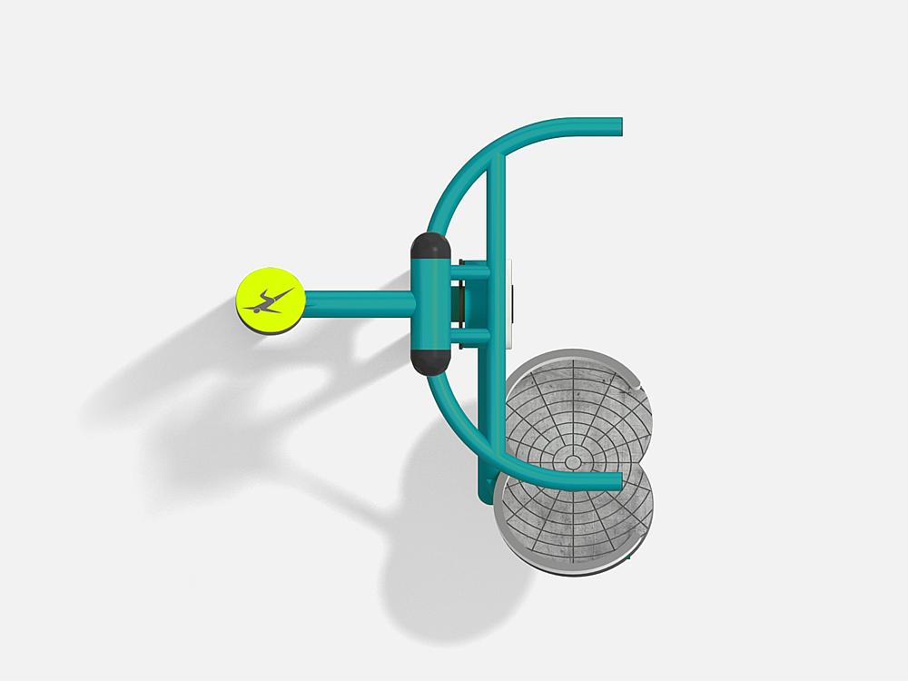 Teal outdoor fitness station with foot pedal and handlebars against plain background.